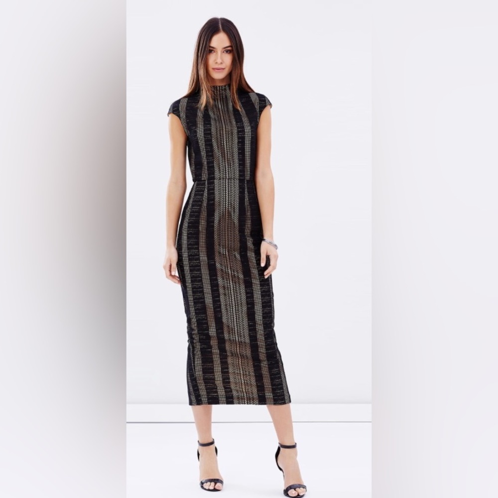 NWT Misha Collection Chiara Mesh Lace Midi Dress in Ebony